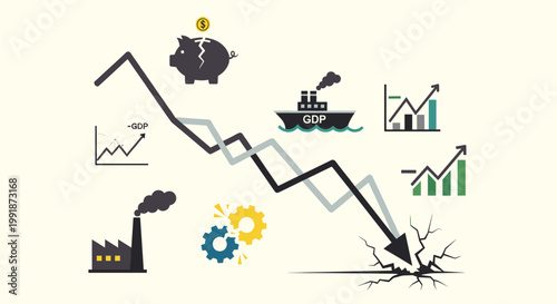 Economic downturn depicted with a downward trend line, piggy bank, ship, factory, and graph icons, symbolizing financial crisis, recession, and economic instability in a vector