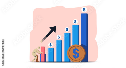 Financial growth depicted through a stylized vector illustration, showcasing a determined figure pushing upward, accompanied by rising bar graphs in shades of blue and dollar