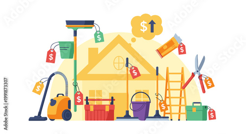 Home improvement tools and supplies with price tags, representing rising costs and inflation, set against a house silhouette with a thought bubble of increasing dollar sign, flat