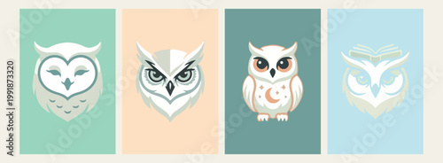 Cute owl character illustrations, baby owl cartoon vector icons, forest bird mascot design elements, nocturnal animal stickers for kids, minimalist owl line art symbols, nursery decor animal graphics,