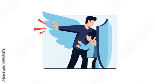 Protective father figure with outstretched hand and child protected by a shield, depicted in a modern, flat-style vector illustration with a calming blue and black color palette,