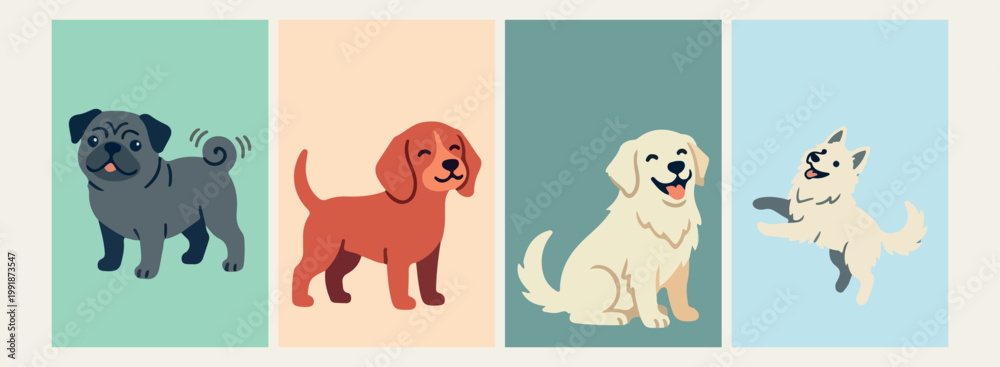 Fototapeta premium Cute puppy dog cartoon character stickers, dog breed mascot vector illustrations, pet dog stickers for kids nursery, minimalist puppy and pet line art, adorable domestic animal and dog graphics, puppy