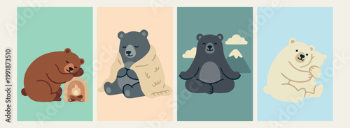 Cute yoga bear cartoon character stickers, meditation and zen mascot vector illustrations, wellness and relax bear design elements, minimalist yoga bear line art, adorable animal yoga and health graph