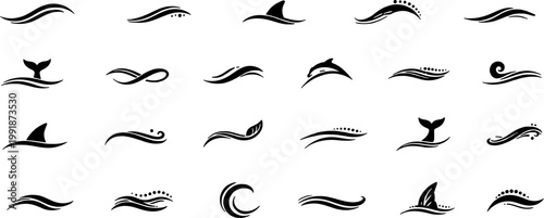 Set of Ocean Wave Silhouettes with Marine Life Elements Including Shark Fins, Whale Tails, and Dolphins for Logo Design and Minimalist Nautical Graphics