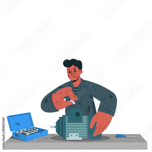 Mechanic Repairing Electric Motor with Tools Vector Illustration