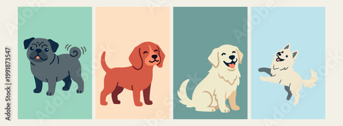 Cute puppy dog cartoon character stickers, dog breed mascot vector illustrations, pet dog stickers for kids nursery, minimalist puppy and pet line art, adorable domestic animal and dog graphics, puppy