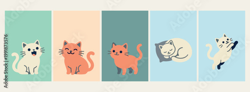 Cute cat and kitten cartoon stickers, domestic pet mascot vector illustrations, baby cat stickers for kids nursery, minimalist feline and pet line art, adorable house pet and animal graphics, kitty ca