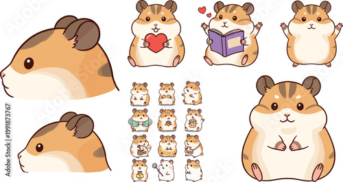 Cute hamster cartoon character collection with different poses emotions and activities adorable pet animal isolated vector illustration set