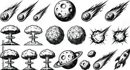 Space Elements and Explosion Vector Set with Meteors Planets Rockets Asteroids and Nuclear Blast Clouds in Detailed Black Line Art Style