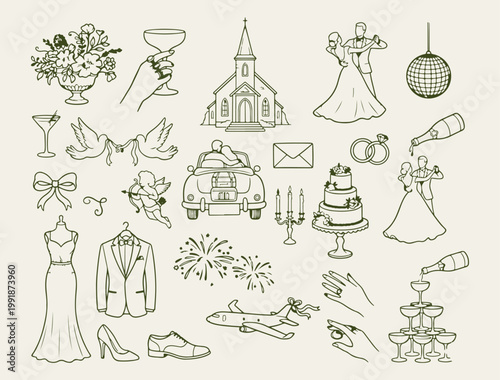 Photos Whimsical wedding and celebration icons, romantic bridal party vector illustrati