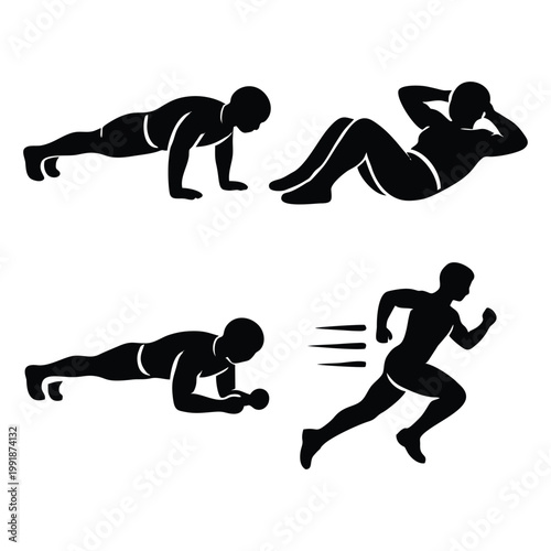 Fitness Exercise Silhouette Icons Vector, Push Up Sit Up Plank Running Workout Symbols Set for Gym Training Design