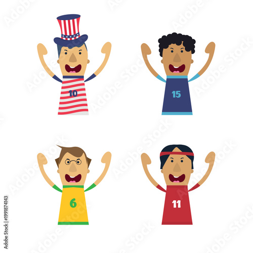 Set of flat vector illustrations of football fans from USA, Paraguay, Australia and Turkey celebrating victory. Minimalistic vector art for championship promotion, banners and social media.