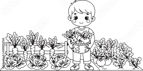 Cute Kid Holding Vegetable Basket – Organic Farming Line Art
