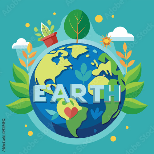 A colorful illustration of the earth with the word earth on it