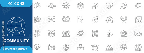 Community Icon Set. Containing People, Friendship, Social, Diversity, Village, Relationships, Support, Teamwork, Network, Group and More. Editable Stroke. Vector Illustration