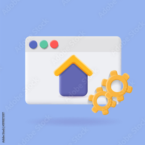 Set of gear with house icon vector symbol. Representing booking, search solution, and real estate rental online 3d cartoon icon
