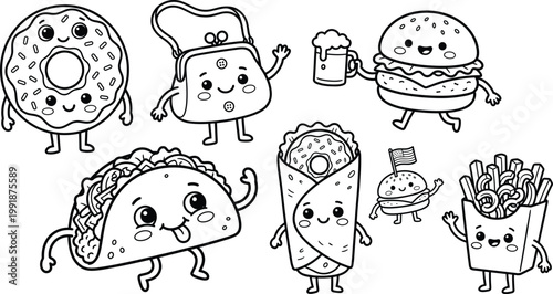 Cute Cartoon Fast Food Characters Vector Set with Kawaii Burger, Taco, Donut, Fries and Sandwich Outline Illustration Design