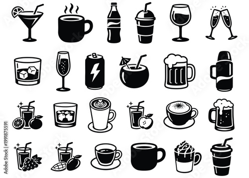 25 Drink Beverage Icons Set Vector, Coffee Cocktail Beer Wine Juice Soda Cup Symbols Pack for Cafe Bar Menu Design