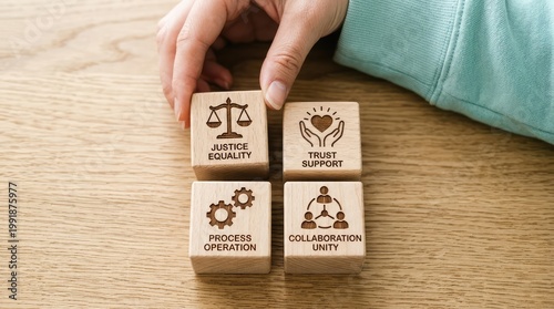 A hand arranges wooden blocks symbolizing justice trust process and collaboration concepts
