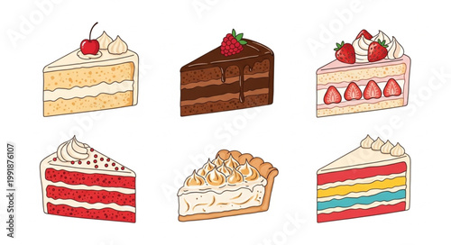 Collection of six delicious dessert slices including cake and pie.