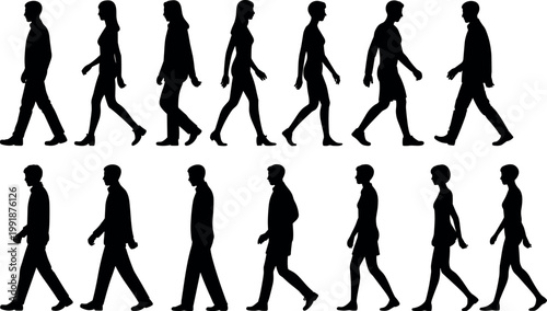 Twelve black walking silhouettes of diverse people arranged in rows, showcasing human gait, posture variation, clothing styles, and pedestrian lifestyle illustration reference