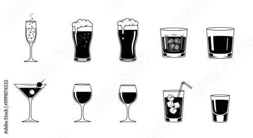 Collection of Hand-Drawn Alcoholic Drinks and Cocktails