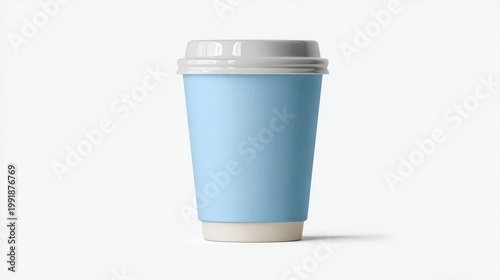 Light blue disposable paper cup stands against a clean white background.