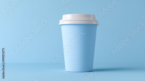 Light blue disposable paper cup stands against a matching soft blue background.