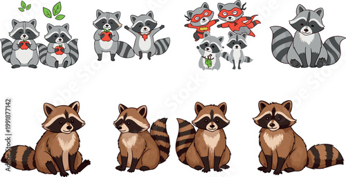 Cute raccoon cartoon character collection with different poses expressions and styles woodland animal isolated vector illustration set