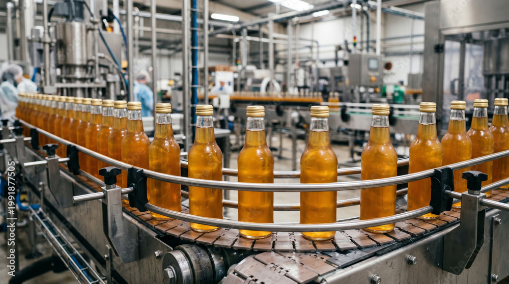 Fototapeta premium Close-up of glass bottles filled with clear liquid moving along a high-tech automated conveyor belt in a modern manufacturing plant; clean industrial production process
