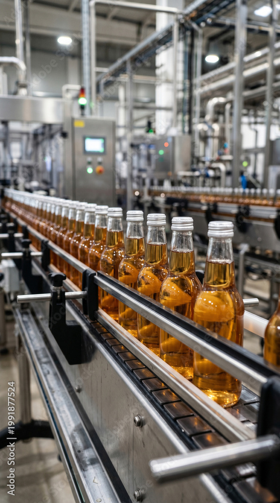 Fototapeta premium Close-up of glass bottles filled with clear liquid moving along a high-tech automated conveyor belt in a modern manufacturing plant; clean industrial production process