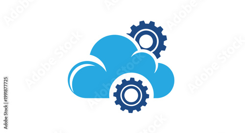 Cloud computing with gears icon representing data processing and network synchronization.