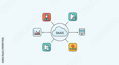 SaaS Cloud Computing Ecosystem with Connected Application Icons.