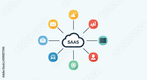 SaaS Cloud Computing Network with Interconnected Application Icons.