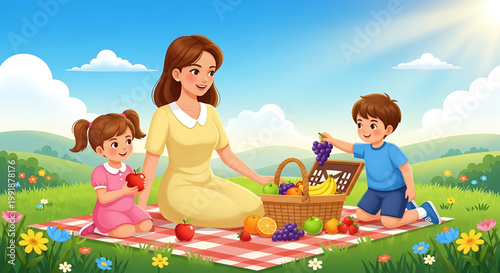 Happy family enjoying a delightful outdoor picnic on a sunny day amidst a blooming meadow and serene landscape