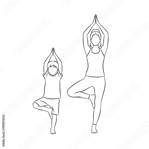 Two people in yoga tree pose.