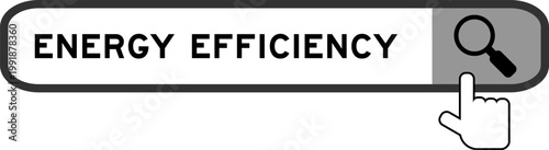 Search banner in word energy efficiency with hand over magnifier icon on white background