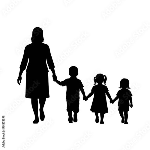 Bild auf Leinwand Woman walking with three small children.