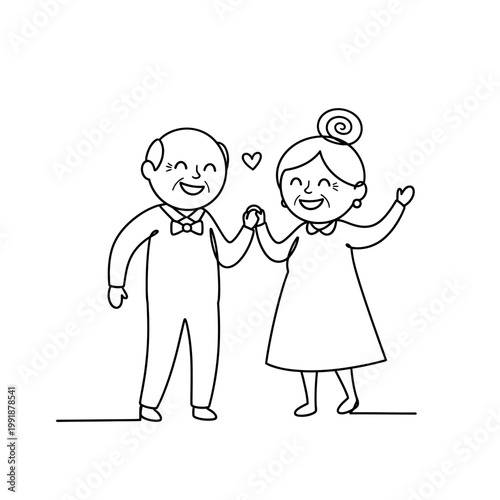 Cartoon couple holding hands smiling.