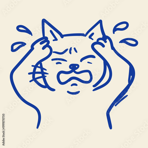 Angry Cat Pulling Hair Doodle Illustration Frustrated Kitty Stress Reaction Cute Pet Sketch Design