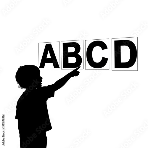 Silhouette of child holding alphabet letters.