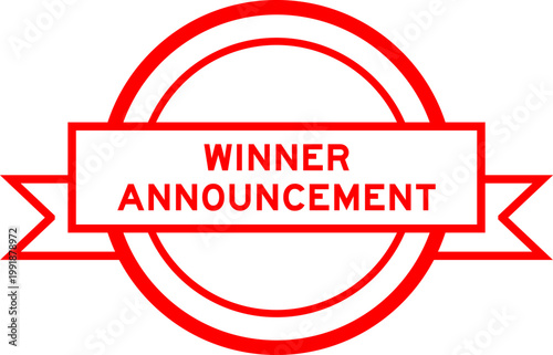 Vintage red color round label banner with word winner announcement on white background