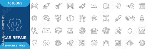 Car Repair Icon Set. Containing Service, Maintenance, Inspection, Parts, Engine, Garage, Mechanic, Tools, Workshop, Vehicle and More. Editable Stroke. Vector Illustration