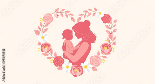 Beautiful Pink Heart Wreath Embracing a Mother and Child Illustration Celebrating Love and Family Bonds