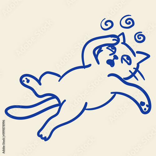 Dizzy Cat Doodle Illustration Headache Confused Kitty Spinning Reaction Cute Pet Sketch Design