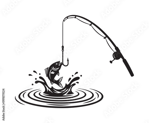 Fishing Action Catching Fish with Rod and Hook Over Water Ripples Graphic Illustration