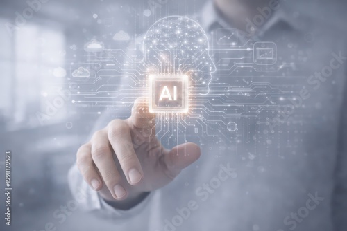 A futuristic AI processor interface with neural connections, a visualization of a digital brain, advanced machine learning, data processing systems, human assistance, interaction in data use