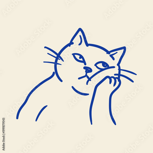 Thoughtful Cat Resting Head Doodle Illustration Daydreaming Kitty Calm Mood Cute Pet Sketch Design