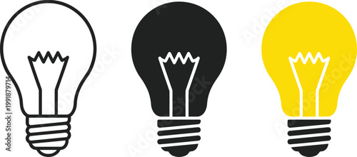 Three lightbulbs representing different stages of an idea’s illumination