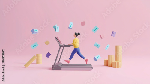 AI-Generated illustration of a character running on a treadmill surrounded by floating icons, symbolizing fake productivity, busy work, digital distraction, and the illusion of progress in modern life
